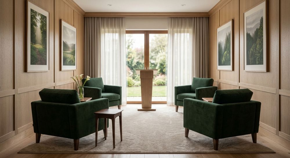 Sala de velatorio con sillones y atril